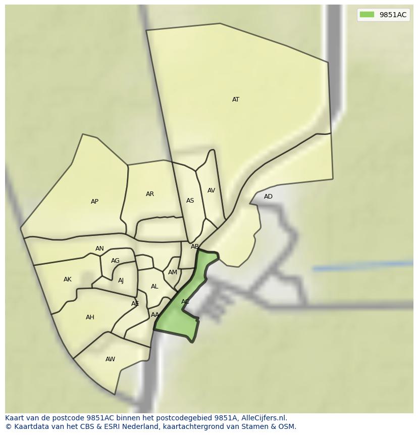 Afbeelding van het postcodegebied 9851 AC op de kaart.
