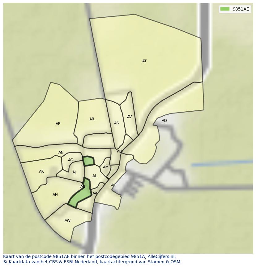 Afbeelding van het postcodegebied 9851 AE op de kaart.