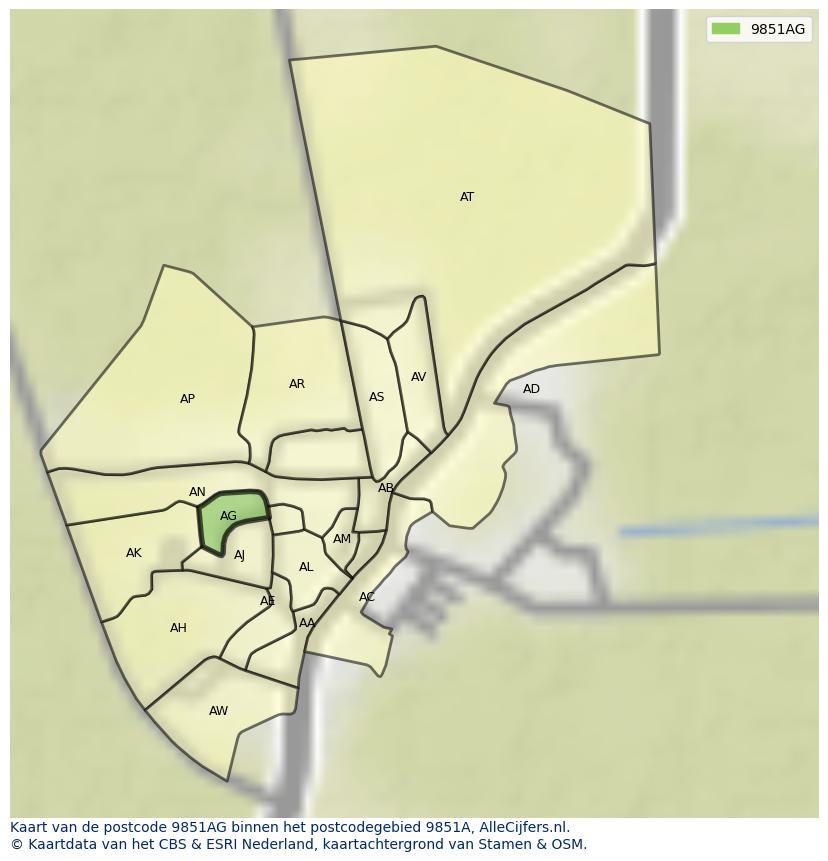 Afbeelding van het postcodegebied 9851 AG op de kaart.