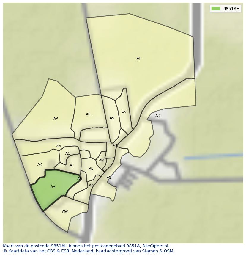 Afbeelding van het postcodegebied 9851 AH op de kaart.