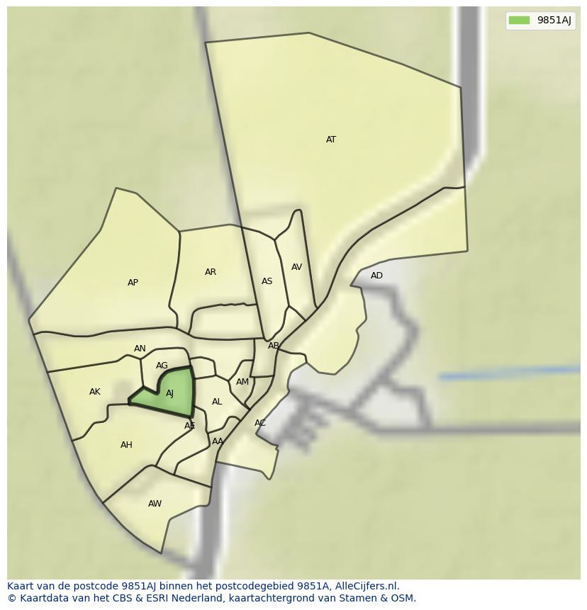 Afbeelding van het postcodegebied 9851 AJ op de kaart.