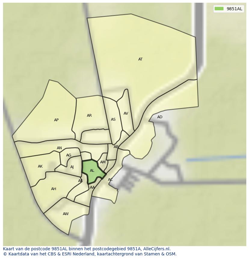 Afbeelding van het postcodegebied 9851 AL op de kaart.