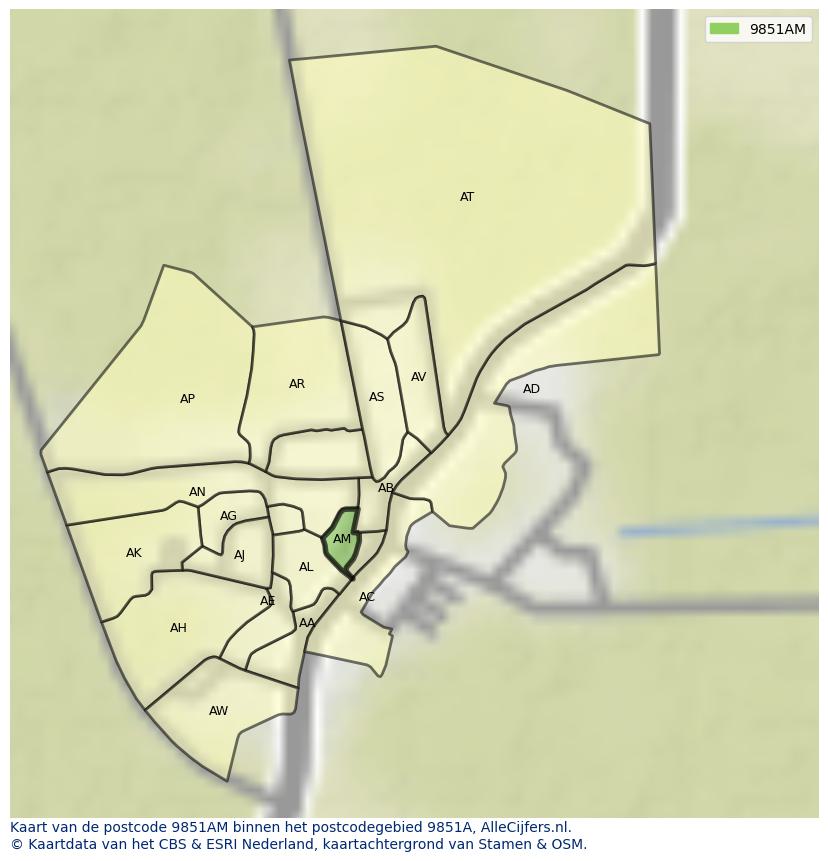 Afbeelding van het postcodegebied 9851 AM op de kaart.