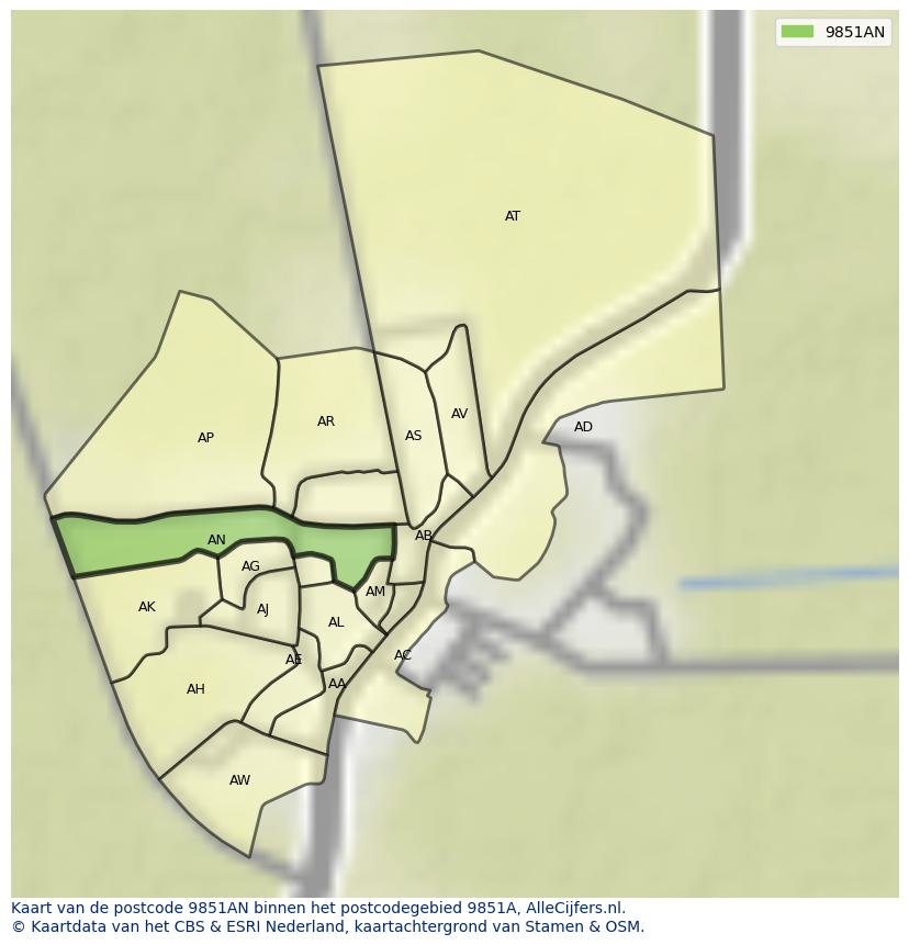 Afbeelding van het postcodegebied 9851 AN op de kaart.