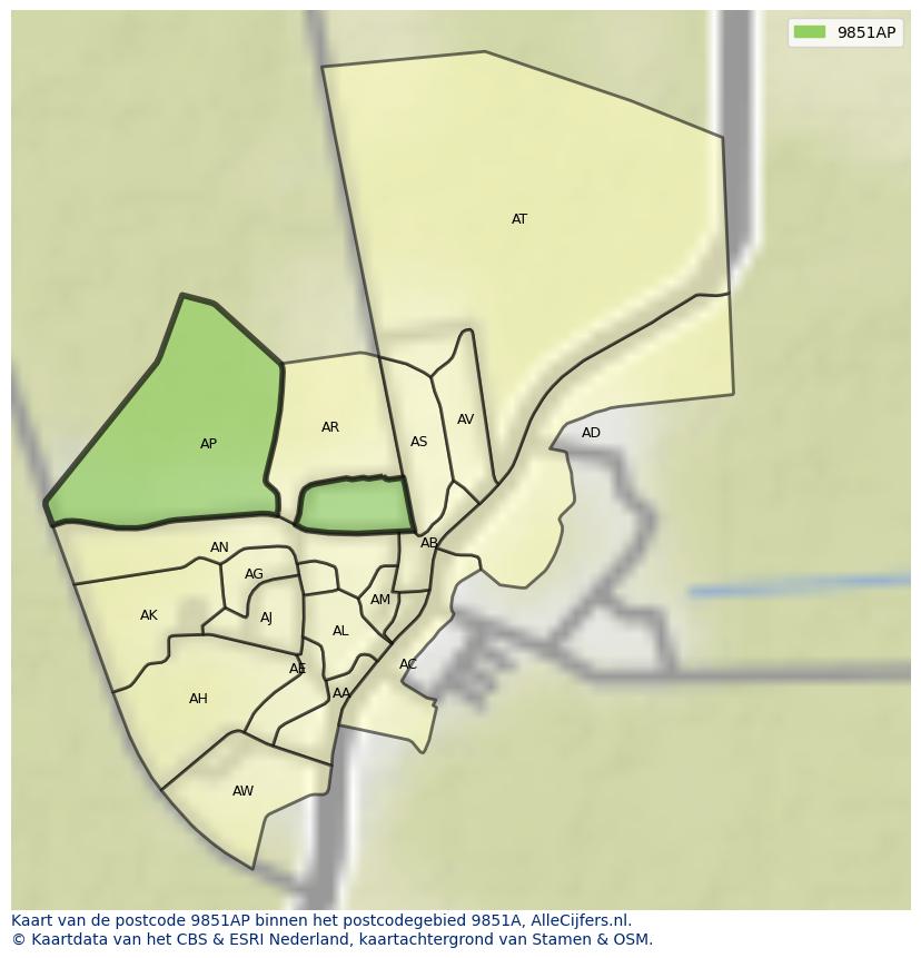 Afbeelding van het postcodegebied 9851 AP op de kaart.