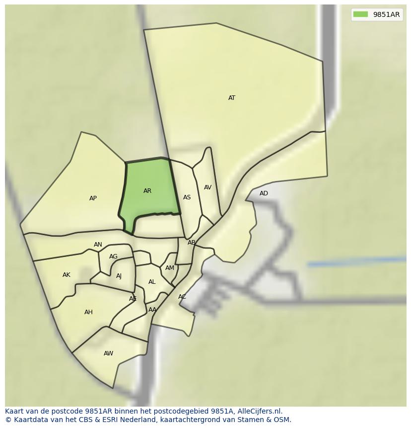 Afbeelding van het postcodegebied 9851 AR op de kaart.