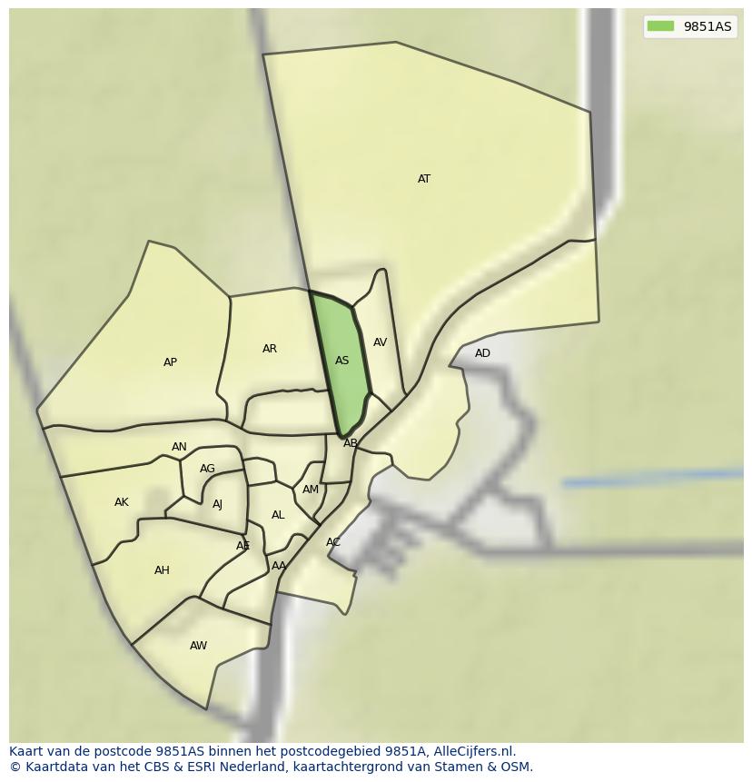 Afbeelding van het postcodegebied 9851 AS op de kaart.