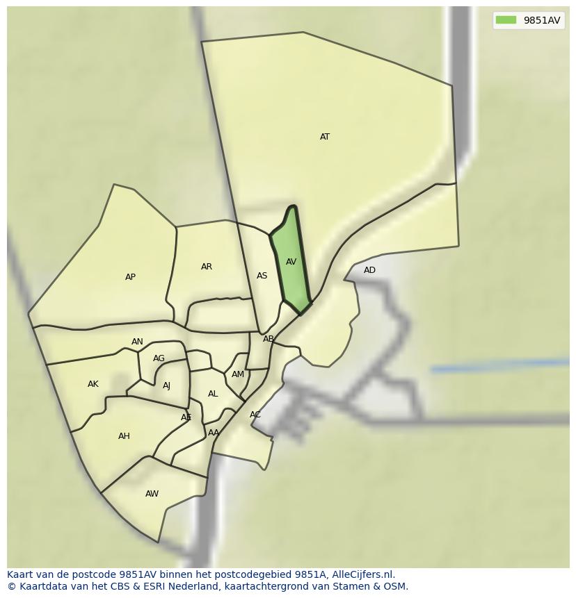 Afbeelding van het postcodegebied 9851 AV op de kaart.