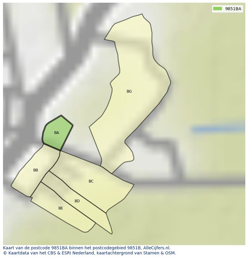Afbeelding van het postcodegebied 9851 BA op de kaart.