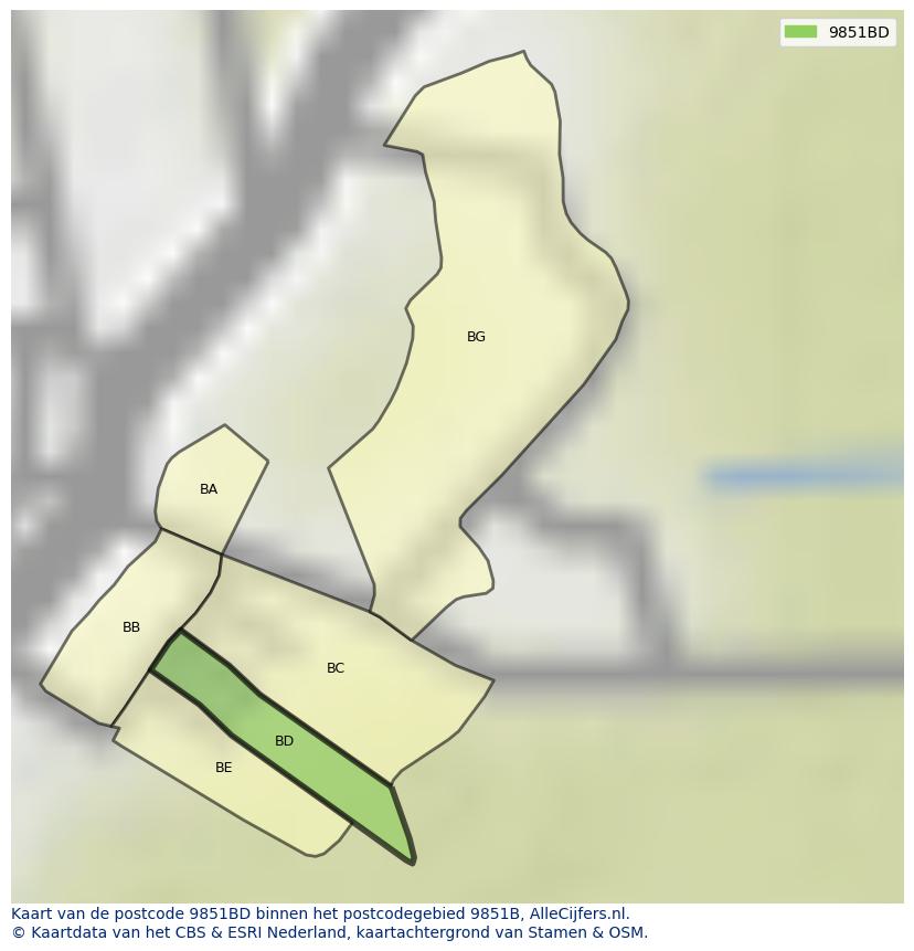 Afbeelding van het postcodegebied 9851 BD op de kaart.