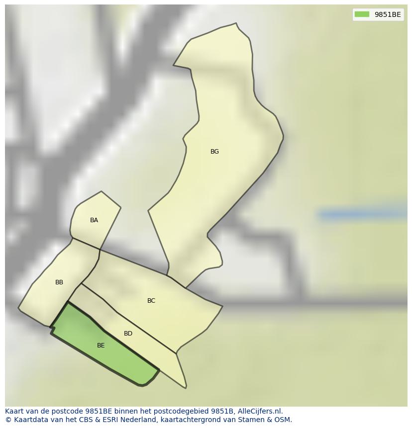 Afbeelding van het postcodegebied 9851 BE op de kaart.
