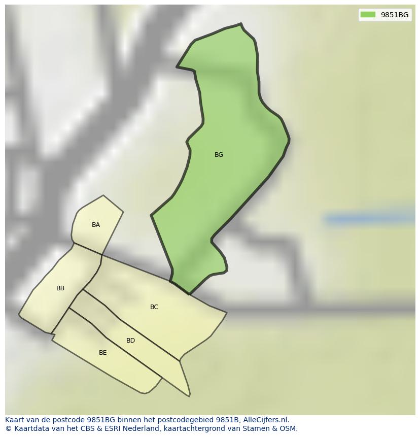 Afbeelding van het postcodegebied 9851 BG op de kaart.