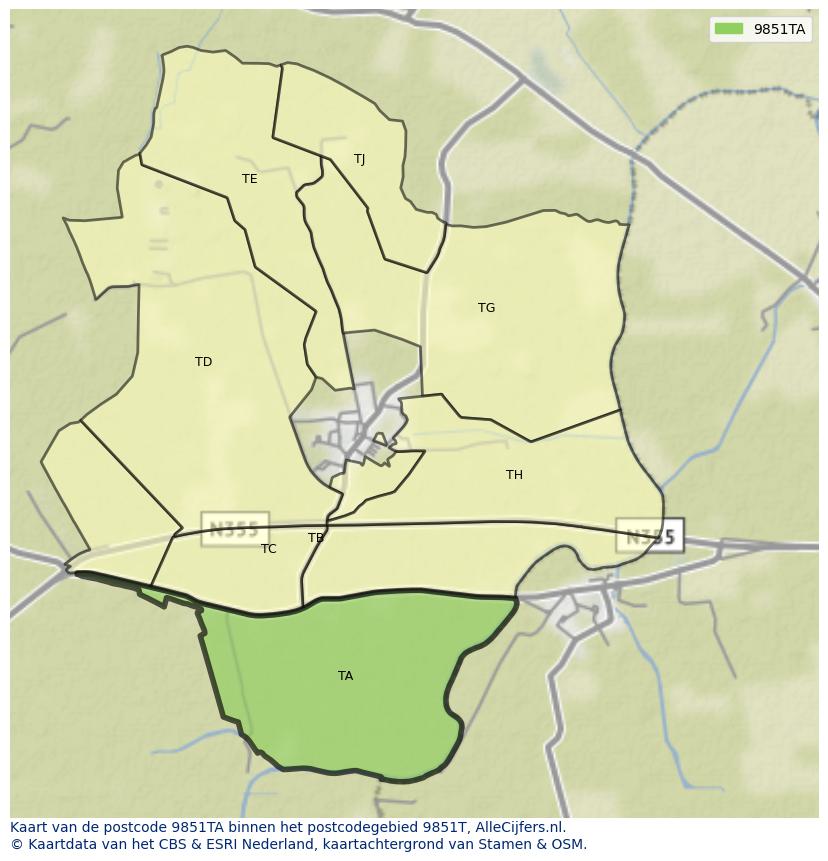 Afbeelding van het postcodegebied 9851 TA op de kaart.