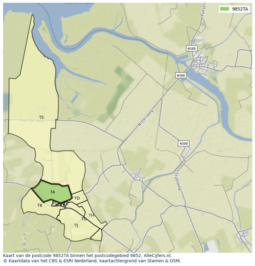 Afbeelding van het postcodegebied 9852 TA op de kaart.