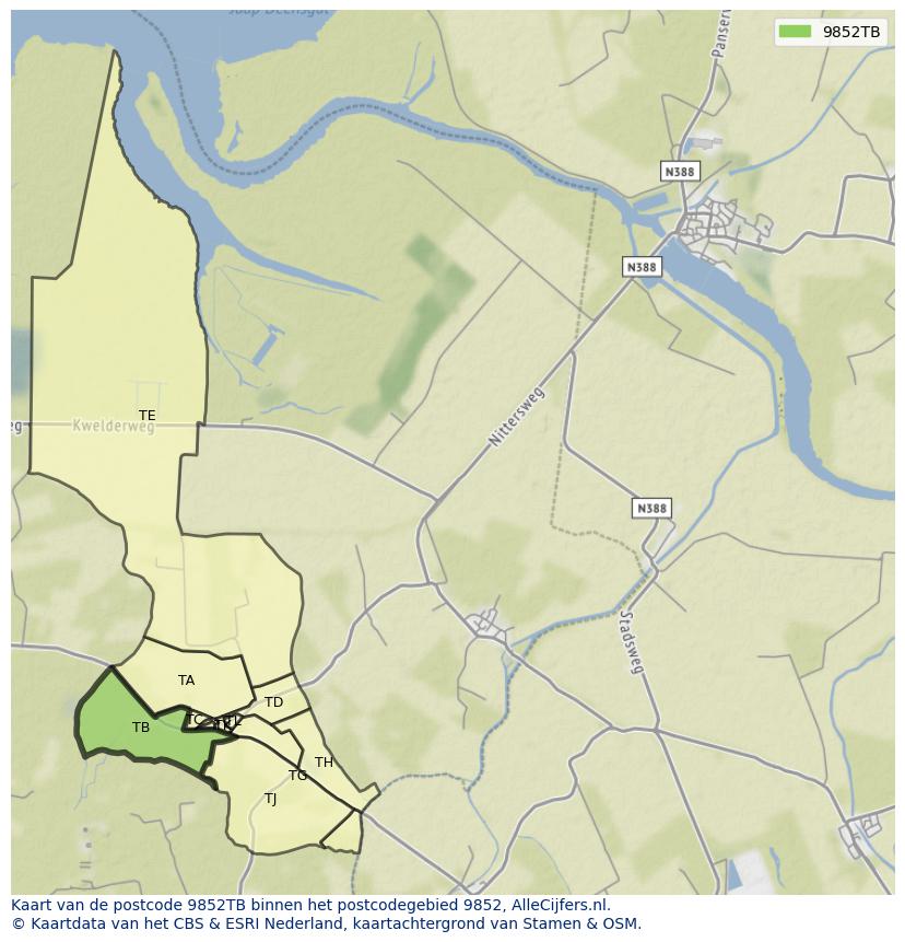 Afbeelding van het postcodegebied 9852 TB op de kaart.