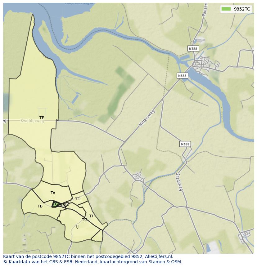Afbeelding van het postcodegebied 9852 TC op de kaart.