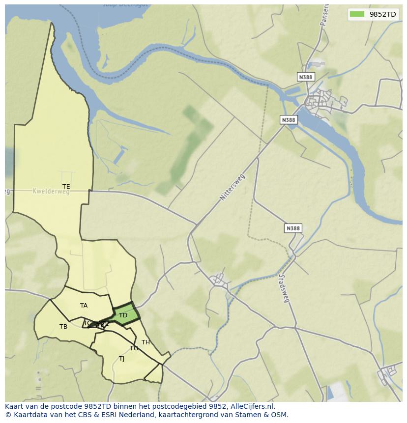 Afbeelding van het postcodegebied 9852 TD op de kaart.