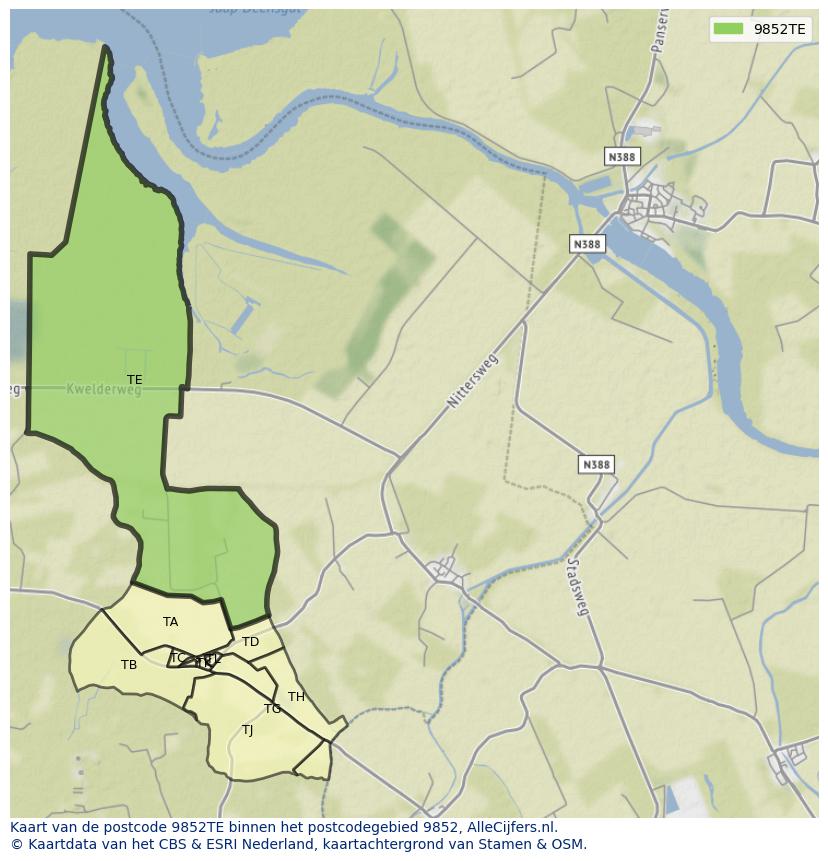 Afbeelding van het postcodegebied 9852 TE op de kaart.