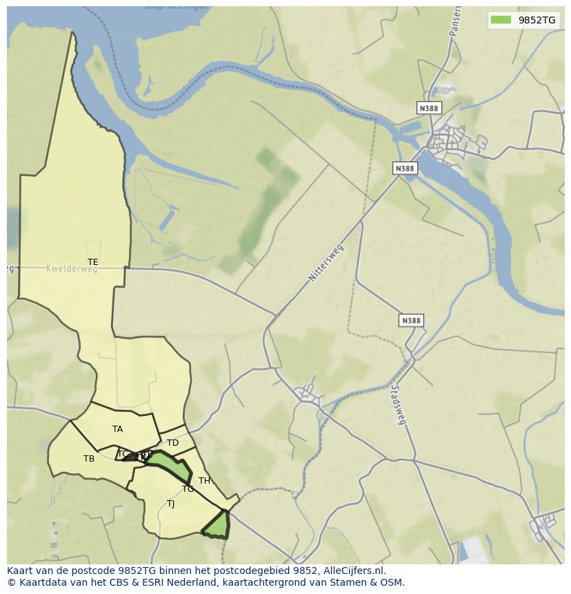 Afbeelding van het postcodegebied 9852 TG op de kaart.