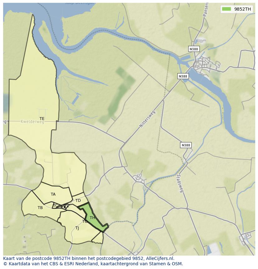 Afbeelding van het postcodegebied 9852 TH op de kaart.