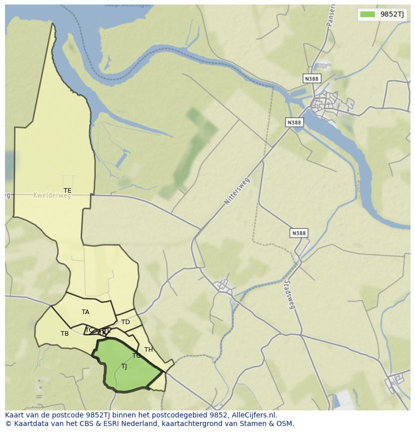 Afbeelding van het postcodegebied 9852 TJ op de kaart.