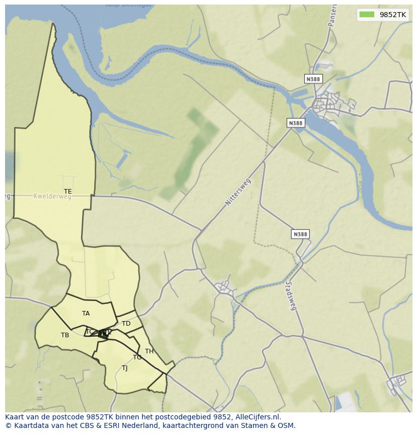 Afbeelding van het postcodegebied 9852 TK op de kaart.