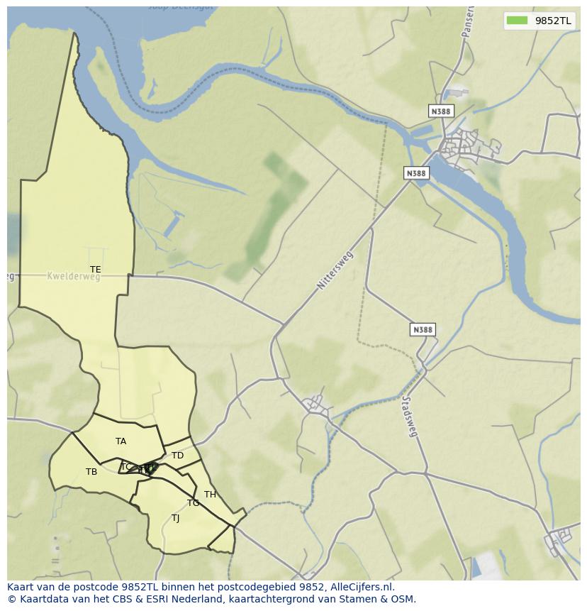 Afbeelding van het postcodegebied 9852 TL op de kaart.