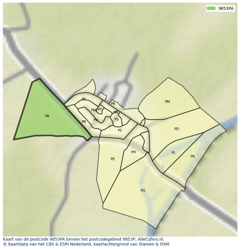 Afbeelding van het postcodegebied 9853 PA op de kaart.