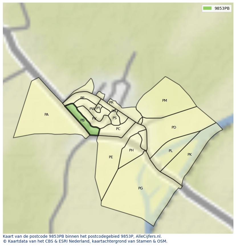 Afbeelding van het postcodegebied 9853 PB op de kaart.