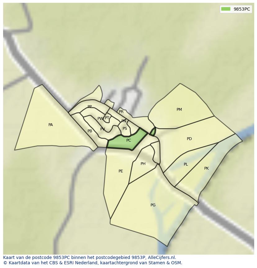 Afbeelding van het postcodegebied 9853 PC op de kaart.