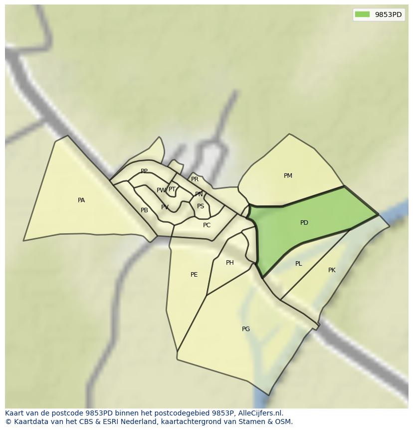 Afbeelding van het postcodegebied 9853 PD op de kaart.