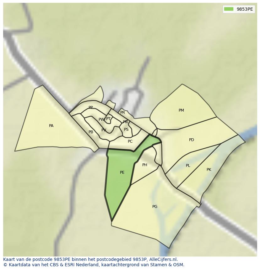 Afbeelding van het postcodegebied 9853 PE op de kaart.