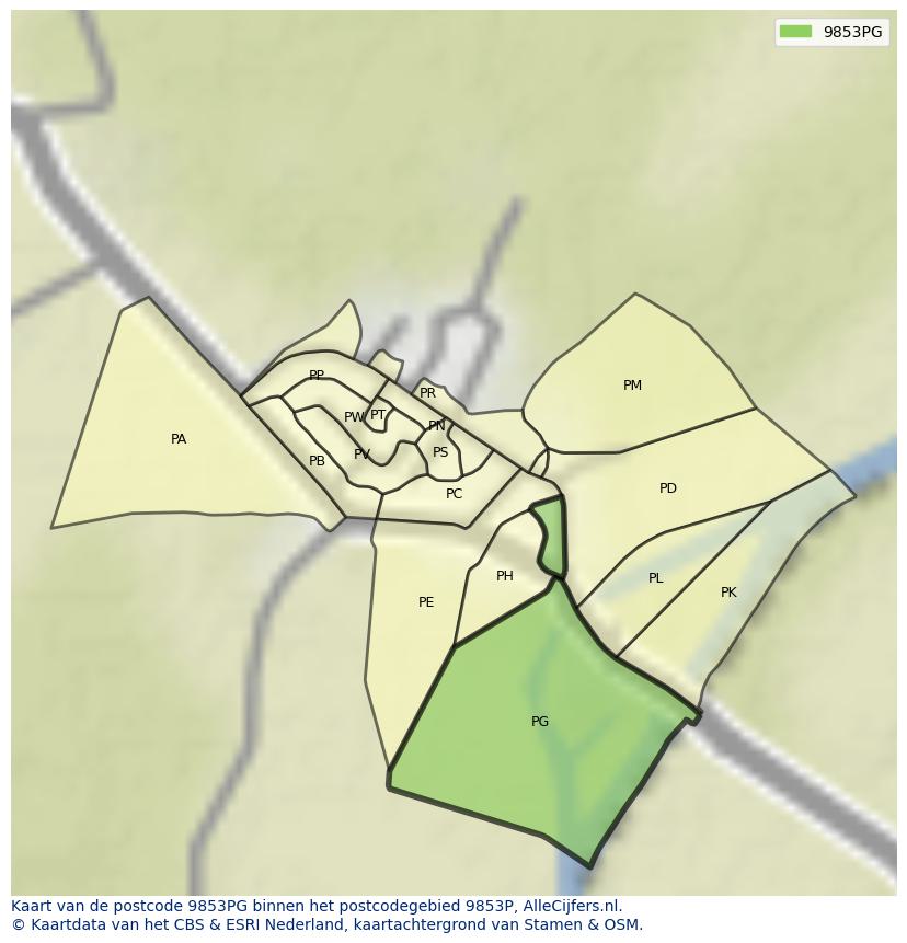 Afbeelding van het postcodegebied 9853 PG op de kaart.