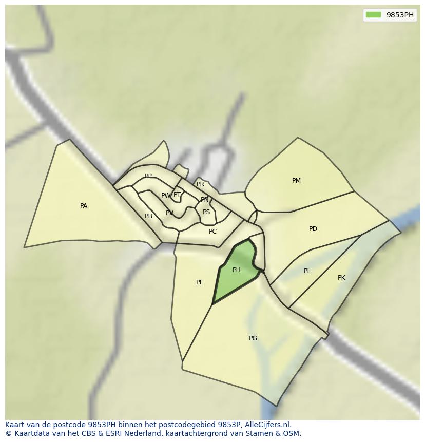 Afbeelding van het postcodegebied 9853 PH op de kaart.