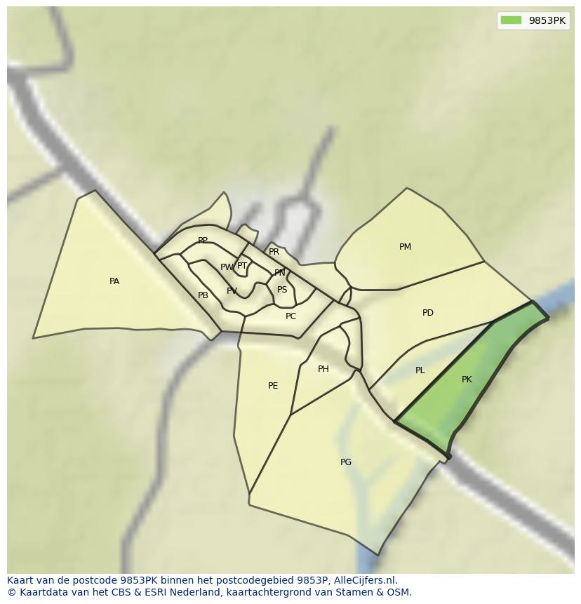 Afbeelding van het postcodegebied 9853 PK op de kaart.