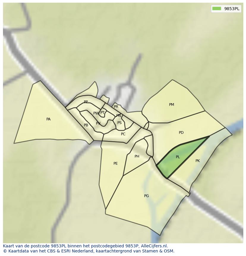Afbeelding van het postcodegebied 9853 PL op de kaart.