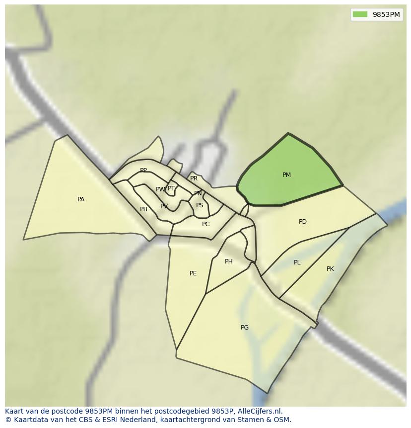 Afbeelding van het postcodegebied 9853 PM op de kaart.
