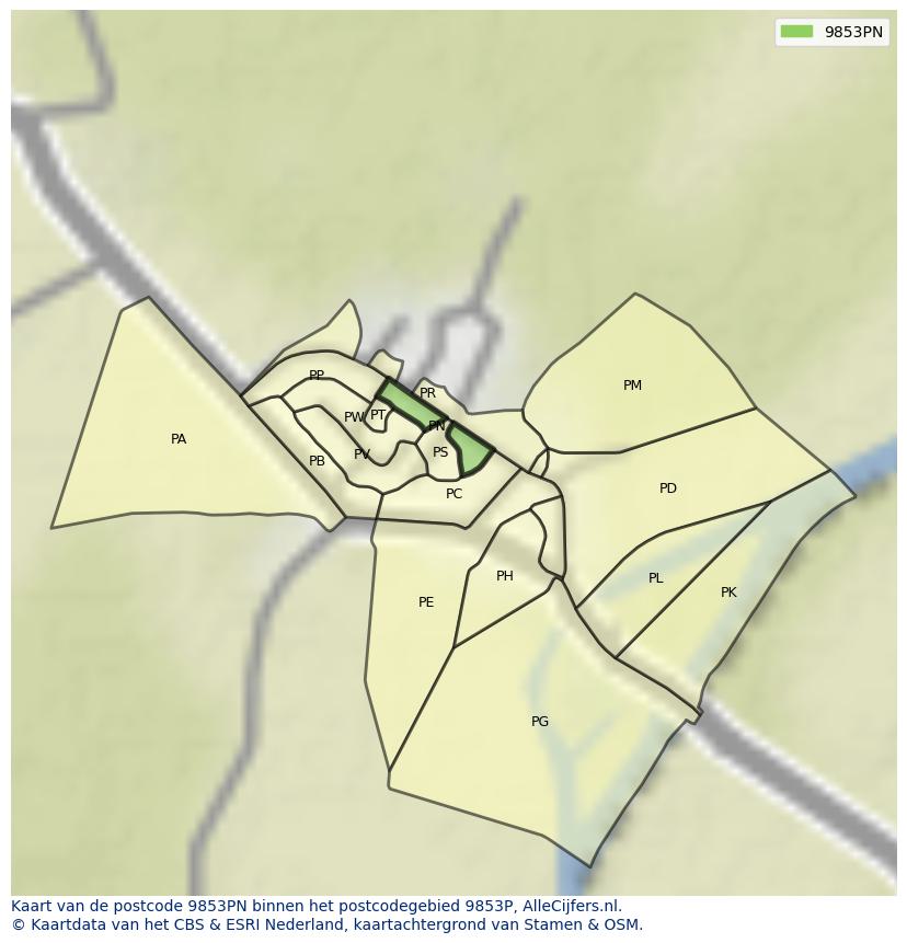 Afbeelding van het postcodegebied 9853 PN op de kaart.