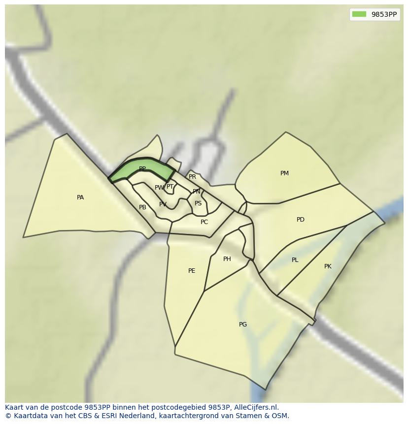 Afbeelding van het postcodegebied 9853 PP op de kaart.