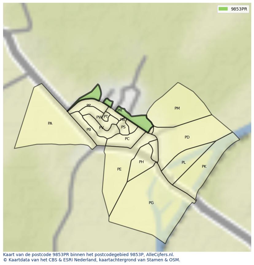 Afbeelding van het postcodegebied 9853 PR op de kaart.