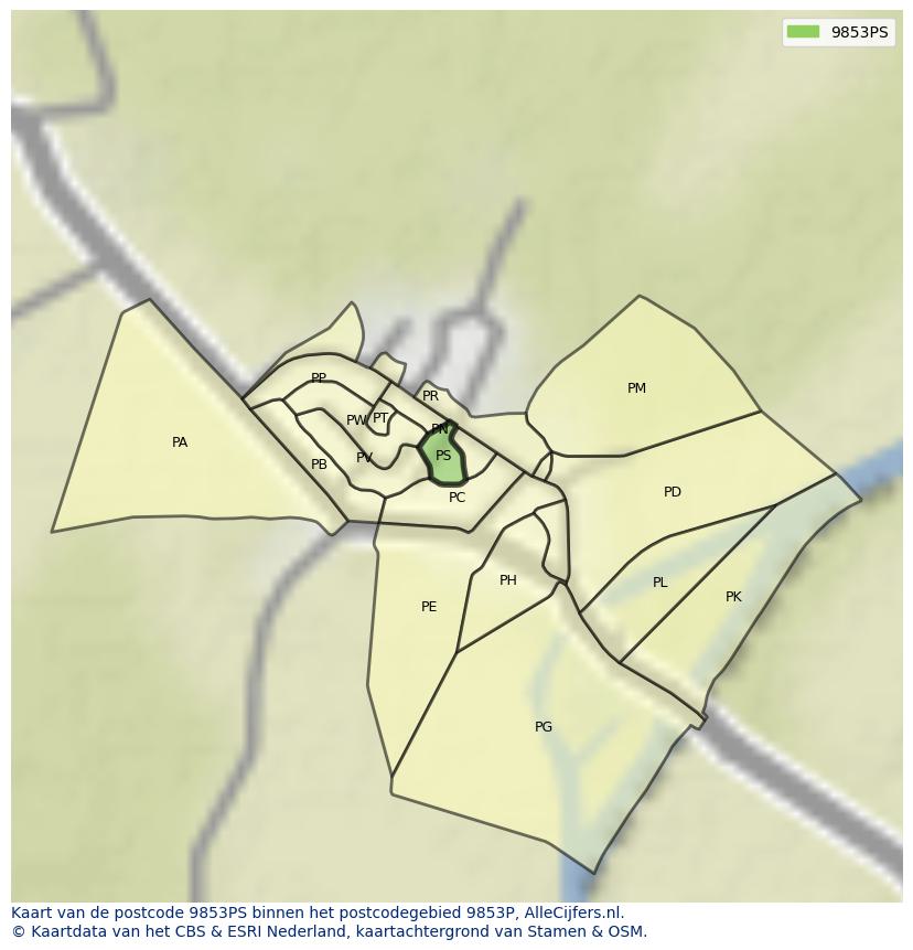 Afbeelding van het postcodegebied 9853 PS op de kaart.