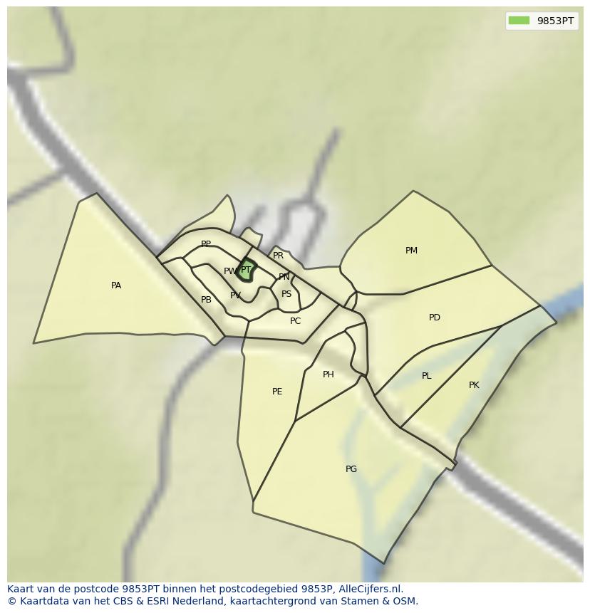 Afbeelding van het postcodegebied 9853 PT op de kaart.