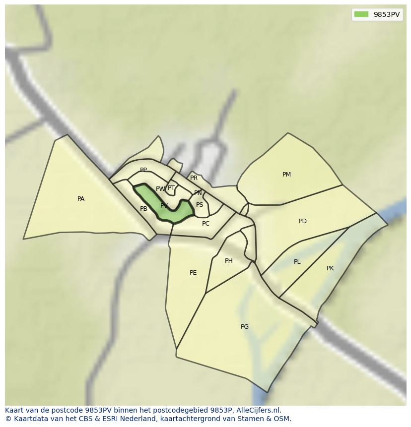 Afbeelding van het postcodegebied 9853 PV op de kaart.