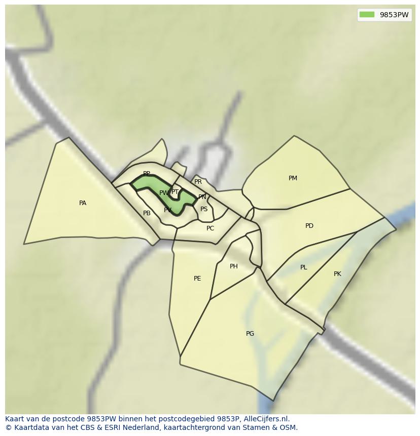 Afbeelding van het postcodegebied 9853 PW op de kaart.