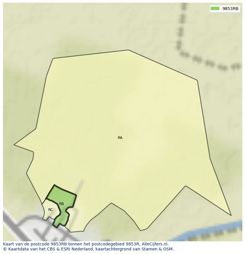Afbeelding van het postcodegebied 9853 RB op de kaart.