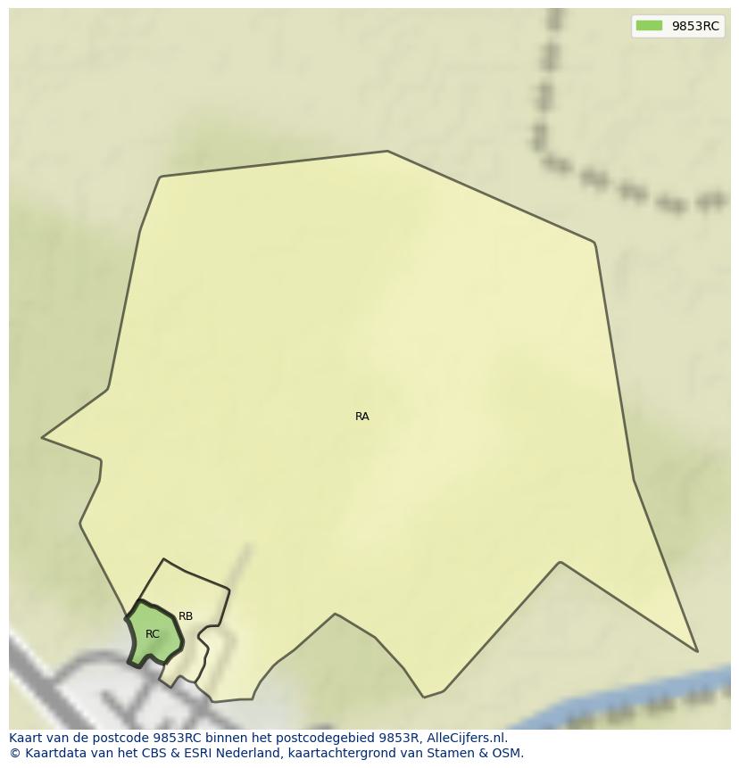 Afbeelding van het postcodegebied 9853 RC op de kaart.