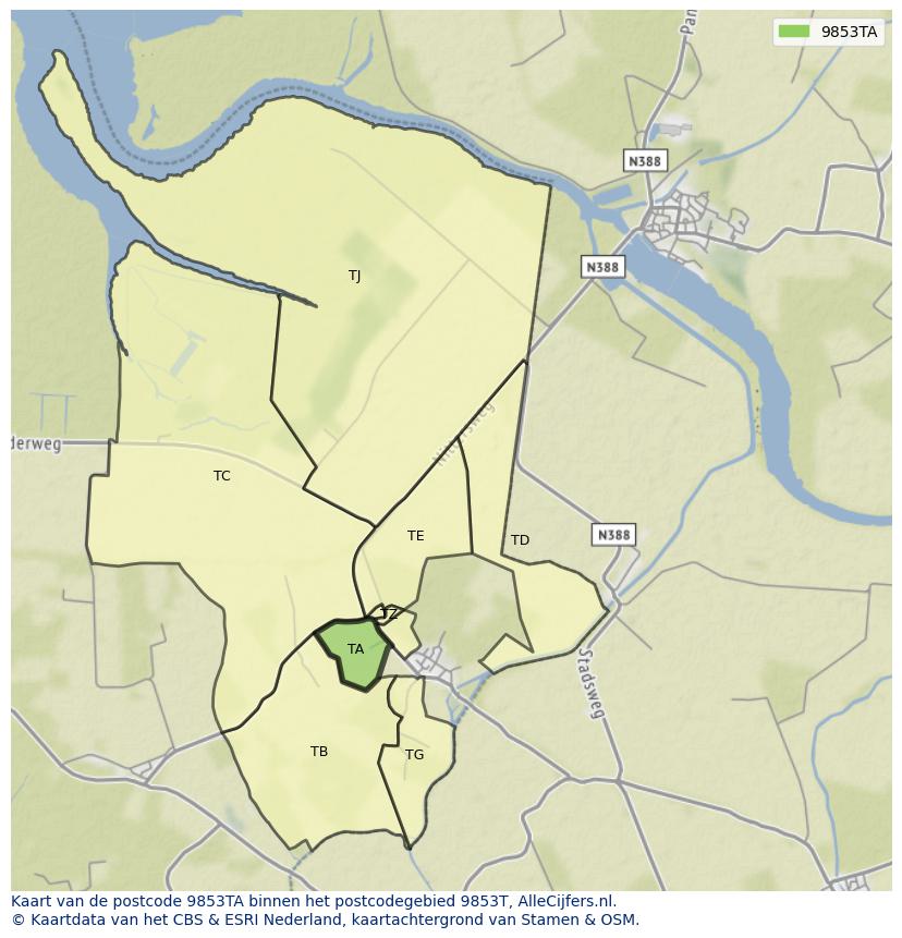 Afbeelding van het postcodegebied 9853 TA op de kaart.