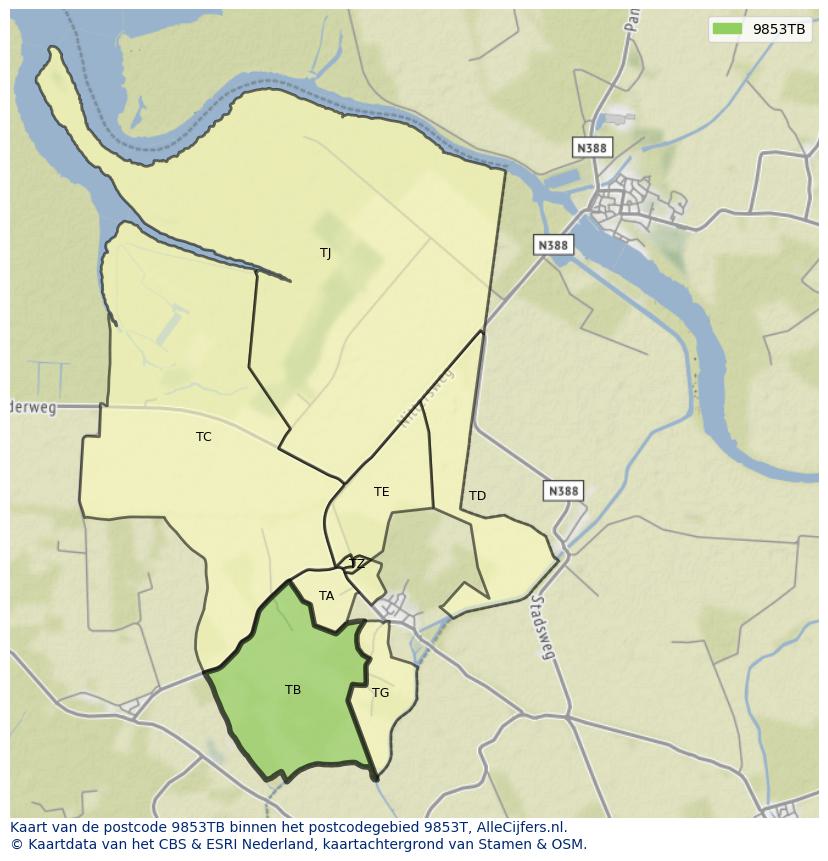 Afbeelding van het postcodegebied 9853 TB op de kaart.