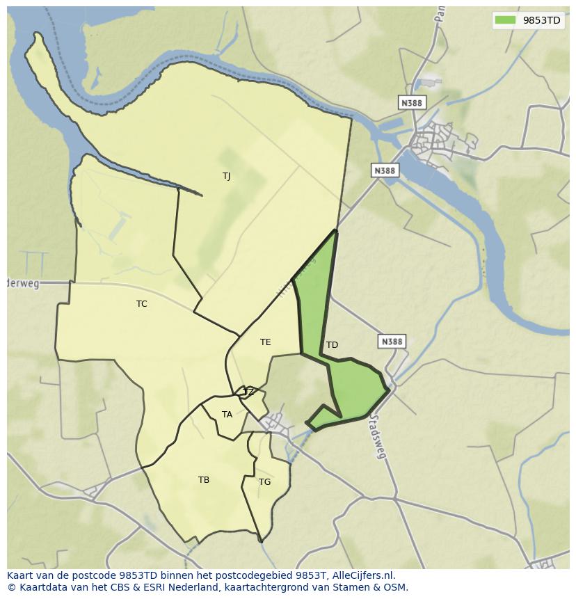 Afbeelding van het postcodegebied 9853 TD op de kaart.
