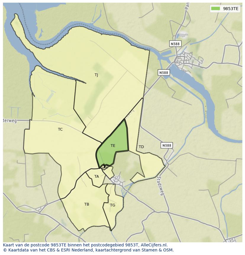 Afbeelding van het postcodegebied 9853 TE op de kaart.